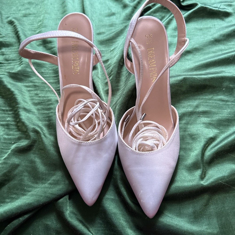 Dream Pairs Women's Light Pink Satin Pointed-Toe Lace-Up Heels